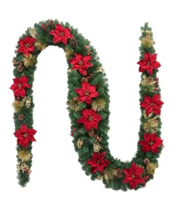 Christmas Greenery Home Accents Holiday 17 Ft. Burgundy Poinsettia Mixed Pine Garland With Berries And Gold Glitter Cedar