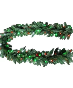Christmas Greenery Home Accents Holiday 9 Ft. Christmas Bright Pre-lit LED Artificial Spruce Artificial Christmas Garland With Red, Green, Cool White Lights