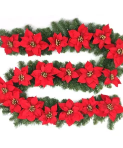 Christmas Greenery Home Accents Holiday 9 Ft. Berry Bliss Battery Operated Pre-Lit LED Artificial Christmas Garland With Poinsettia