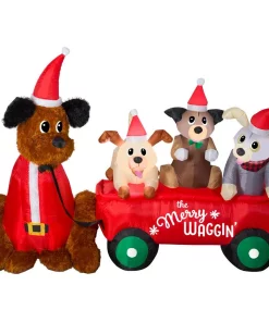 Outdoor Christmas Decorations Home Accents Holiday 7 Ft. W Pre-Lit Life Size Inflatable Wagon With Christmas Puppies Scene