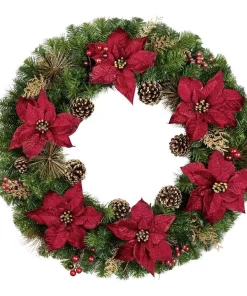Christmas Greenery Home Accents Holiday 36 In. Burgundy Poinsettia Pine Wreath With Berries, Gold Glitter Cedar And Pinecones