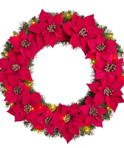 Christmas Greenery Home Accents Holiday 30 In. Berry Bliss Battery Operated Pre-Lit LED Artificial Christmas Wreath With Poinsettia