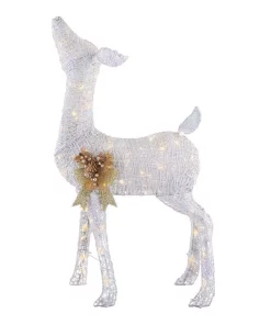 Outdoor Christmas Decorations Home Accents Holiday 4 Ft Warm White 80-Light LED White Deer With Gold Bow