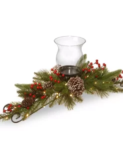 Indoor Christmas Decorations National Tree Company 30 In. Feel Real Bristle Berry Centerpiece With Battery Operated Lights, Berries And Cones