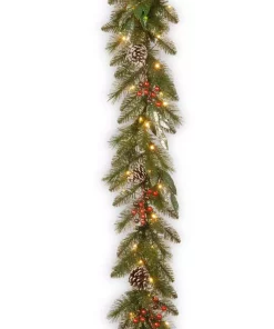 Christmas Greenery National Tree Company 9 Ft. X 12 In. Frosted Pine Berry Collection Garlands With Cones, Red Berries, Silver Glittered Eucalyptus Leaves