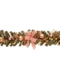 Christmas Greenery National Tree Company 72 In. Decorated Pine Garland With Bow, Gold Ornaments, Berries And LED