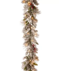 Christmas Greenery National Tree Company 9 Ft. Battery Operated Snowy Bedford Pine Garland With LED Lights