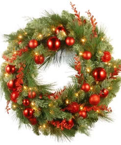 Christmas Greenery National Tree Company 30 In. Battery Operated Decorative Collection Christmas Red Mixed Wreath With Warm White LED Lights