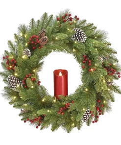 Christmas Greenery National Tree Company 24 In. Feel Real Bristle Berry Wreath With 50 Battery Operated LED Lights, Red Electronic Candle Red Berries