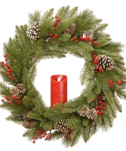 Christmas Greenery National Tree Company 24 In. Feel Real Bristle Berry Wreath With Red Electronic Candle, Red Berries And Cones