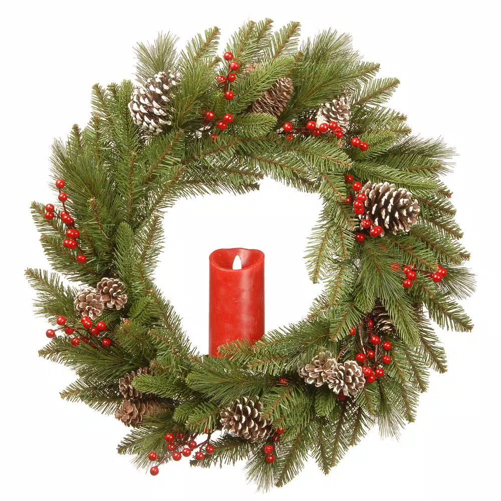 Christmas Greenery National Tree Company 24 In. Feel Real Bristle Berry Wreath With Red Electronic Candle, Red Berries And Cones 1 Christmas Greenery National Tree Company 24 In. Feel Real Bristle Berry Wreath With Red Electronic Candle, Red Berries And Cones