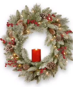 Christmas Greenery National Tree Company 24 In. Feel Real Snowy Bristle Wreath With 50 Battery Operated Red Electronic Candle 9 Red Berries And 15 Cones