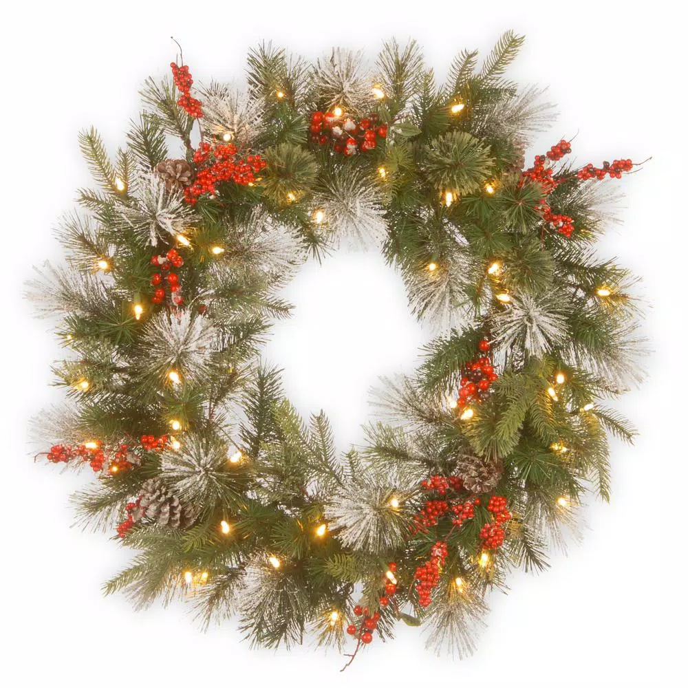 Christmas Greenery National Tree Company 30 In. Battery Operated LED Lights Wintry Berry Wreath 1 Christmas Greenery National Tree Company 30 In. Battery Operated LED Lights Wintry Berry Wreath