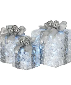 Outdoor Christmas Decorations National Tree Company 8 In., 10 In. And 12 In. Glittered White Gift Boxes With 70 Cool White Twinkle LED Lights (Set Of 3)