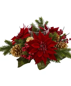 Indoor Christmas Decorations Nearly Natural Poinsettia, Berry And Golden Pine Cone Candelabrum Artificial Arrangement