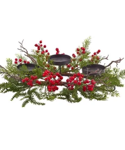 Indoor Christmas Decorations Nearly Natural 6.5 In. Berry And Pine Triple Candleabrum