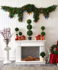 Christmas Greenery Nearly Natural 9 Ft. X 12 In. Hanging Icicle Artificial Christmas Garland With 50 Multi-Colored LED Lights, Berries And Pine Cones -Christmas Tree Decorations Shop nearly natural christmas garland 4458 1f 1000