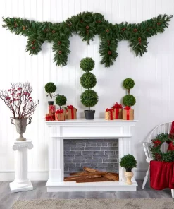 Christmas Greenery Nearly Natural 9 Ft. X 12 In. Hanging Icicle Artificial Christmas Garland With 50 Multi-Colored LED Lights, Berries And Pine Cones -Christmas Tree Decorations Shop nearly natural christmas garland 4458 31 1000