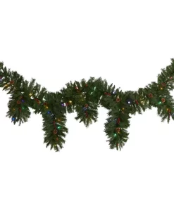 Christmas Greenery Nearly Natural 9 Ft. X 12 In. Hanging Icicle Artificial Christmas Garland With 50 Multi-Colored LED Lights, Berries And Pine Cones
