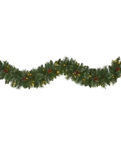 Christmas Greenery Nearly Natural 6 Ft. Battery Operated Pre-lit White Mountain Pine Artificial Garland With 35 White Warm LED Lights And Pinecones