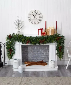 Christmas Greenery Nearly Natural 9 Ft. Battery Operated Pre-lit Mixed Pine Artificial Christmas Garland With 50 Clear LED Lights, Berries And Pinecones -Christmas Tree Decorations Shop nearly natural christmas garland w1104 1f 1000