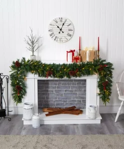 Christmas Greenery Nearly Natural 9 Ft. Battery Operated Pre-lit Mixed Pine Artificial Christmas Garland With 50 Clear LED Lights, Berries And Pinecones -Christmas Tree Decorations Shop nearly natural christmas garland w1104 31 1000