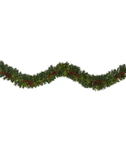 Christmas Greenery Nearly Natural 9 Ft. Battery Operated Pre-lit Mixed Pine Artificial Christmas Garland With 50 Clear LED Lights, Berries And Pinecones