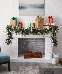 Christmas Greenery Nearly Natural 9 Ft. Battery Operated Pre-lit Ornament And Pinecone Artificial Christmas Garland With 50 Clear LED Lights -Christmas Tree Decorations Shop nearly natural christmas garland w1106 31 1000
