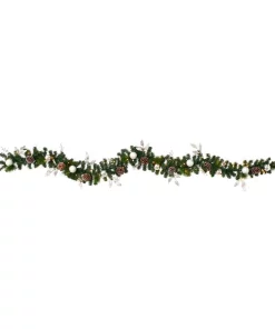 Christmas Greenery Nearly Natural 9 Ft. Battery Operated Pre-lit Ornament And Pinecone Artificial Christmas Garland With 50 Clear LED Lights