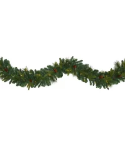 Christmas Greenery Nearly Natural 6 Ft. Battery Operated Pre-lit Mixed Pine And Pinecone Artificial Garland With 35 Clear LED Lights