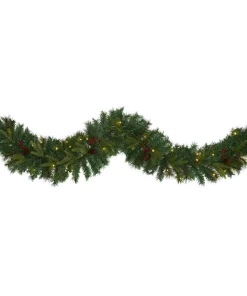 Christmas Greenery Nearly Natural 6 Ft. Battery Operated Pre-lit Mixed Pine Artificial Christmas Garland With 35 Clear LED Lights, Berries And Pinecones