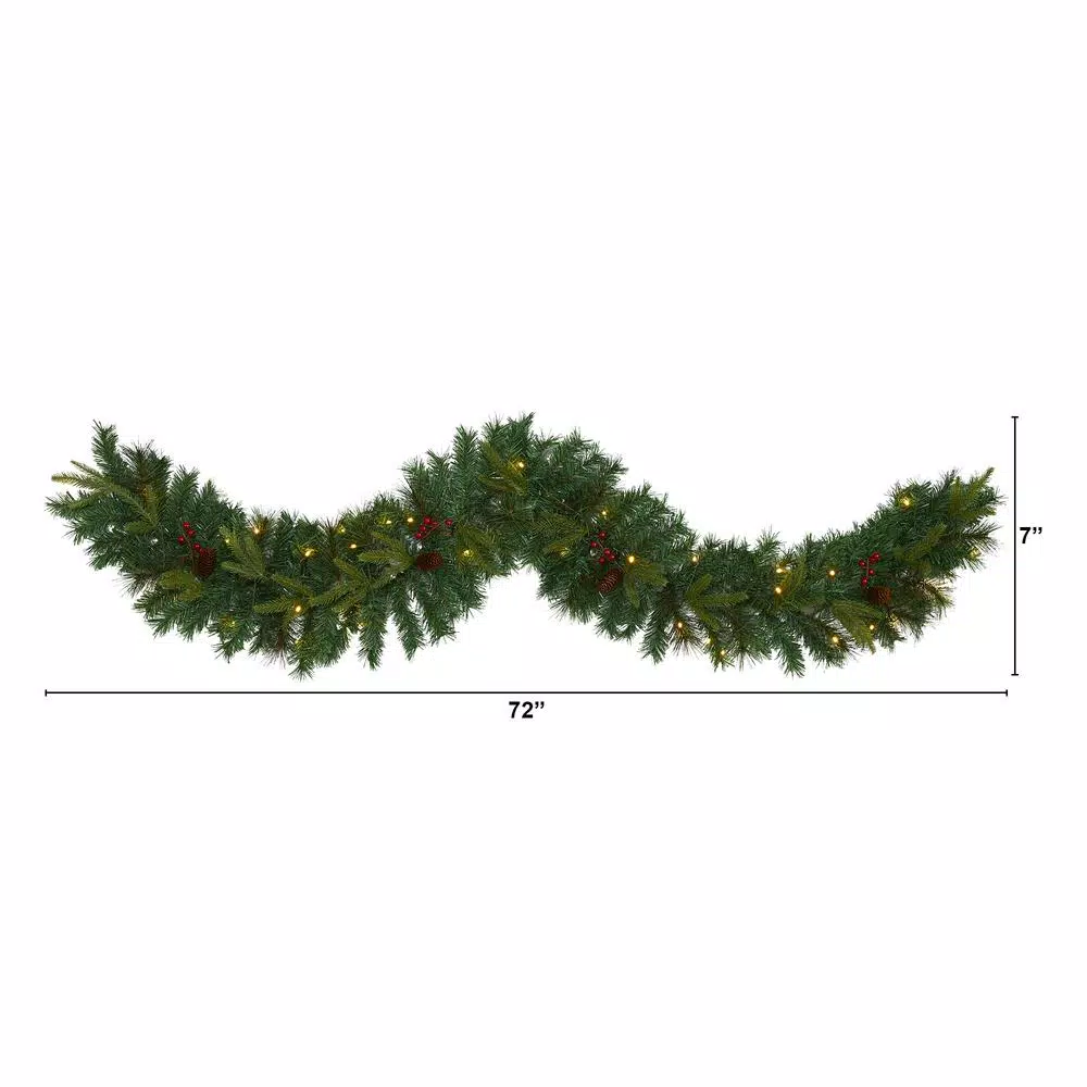 Christmas Greenery Nearly Natural 6 Ft. Battery Operated Pre-lit Mixed Pine Artificial Christmas Garland With 35 Clear LED Lights, Berries And Pinecones 2 Christmas Greenery Nearly Natural 6 Ft. Battery Operated Pre-lit Mixed Pine Artificial Christmas Garland With 35 Clear LED Lights, Berries And Pinecones - Image 2