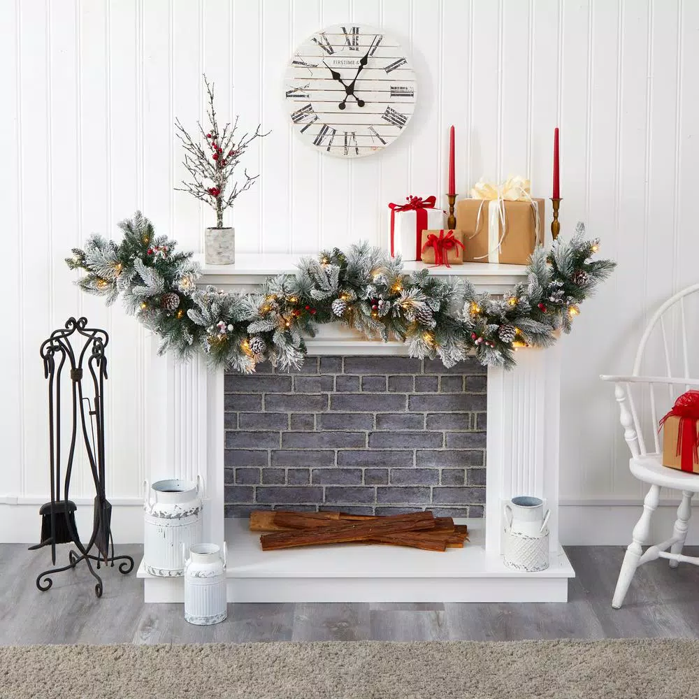 Christmas Greenery Nearly Natural 6 Ft. Battery Operated Pre-lit Flocked Mixed Pine Artificial Christmas Garland With 50 LED Lights, Pine Cones, Berries 4 Christmas Greenery Nearly Natural 6 Ft. Battery Operated Pre-lit Flocked Mixed Pine Artificial Christmas Garland With 50 LED Lights, Pine Cones, Berries - Image 4