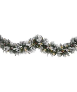 Christmas Greenery Nearly Natural 6 Ft. Battery Operated Pre-lit Flocked Mixed Pine Artificial Christmas Garland With 50 LED Lights, Pine Cones, Berries