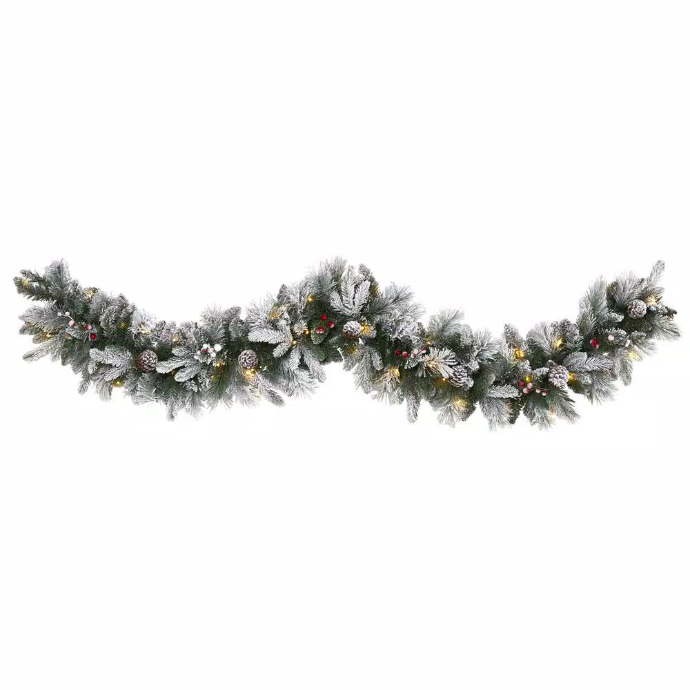 Christmas Greenery Nearly Natural 6 Ft. Battery Operated Pre-lit Flocked Mixed Pine Artificial Christmas Garland With 50 LED Lights, Pine Cones, Berries 1 Christmas Greenery Nearly Natural 6 Ft. Battery Operated Pre-lit Flocked Mixed Pine Artificial Christmas Garland With 50 LED Lights, Pine Cones, Berries