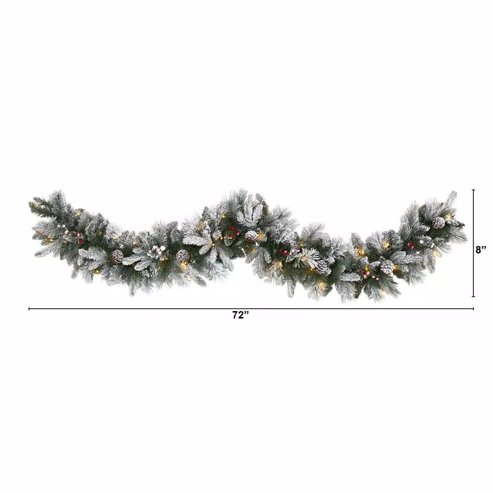 Christmas Greenery Nearly Natural 6 Ft. Battery Operated Pre-lit Flocked Mixed Pine Artificial Christmas Garland With 50 LED Lights, Pine Cones, Berries 2 Christmas Greenery Nearly Natural 6 Ft. Battery Operated Pre-lit Flocked Mixed Pine Artificial Christmas Garland With 50 LED Lights, Pine Cones, Berries - Image 2
