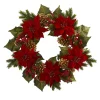 Christmas Greenery Nearly Natural 24in. Unlit Artifical Holiday Wreath With Poinsettia, Berry And Golden Pine Cone