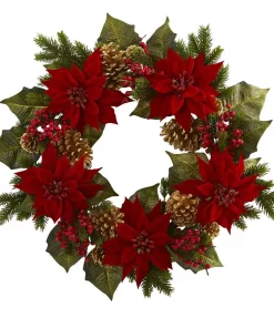 Christmas Greenery Nearly Natural 24in. Unlit Artifical Holiday Wreath With Poinsettia, Berry And Golden Pine Cone