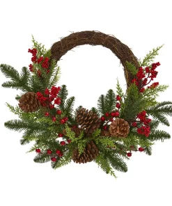 Christmas Greenery Nearly Natural 22in. Mixed Pine And Cedar With Berries And Pine Cones Artificial Wreath