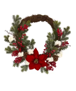 Christmas Greenery Nearly Natural 19in. Poinsettia With Berries And Cotton Artificial Wreath