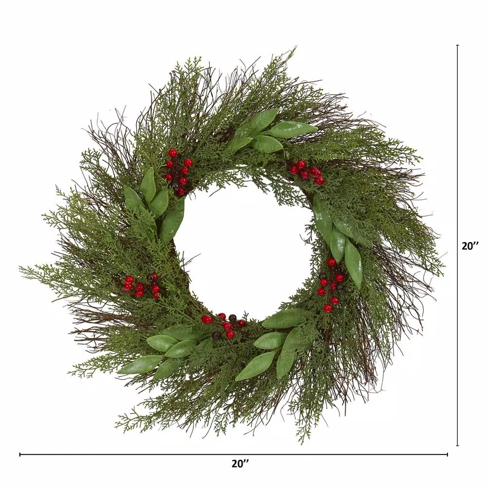 Christmas Greenery Nearly Natural 20in. Cedar And Ruscus With Berries Artificial Wreath 2 Christmas Greenery Nearly Natural 20in. Cedar And Ruscus With Berries Artificial Wreath - Image 2