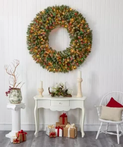 Christmas Greenery Nearly Natural 5 Ft. Pre-Lit Giant Flocked Artificial Christmas Wreath With 280 Multi-Colored Lights And Pine Cones -Christmas Tree Decorations Shop nearly natural christmas wreaths 4449 31 1000