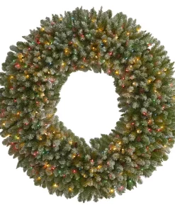 Christmas Greenery Nearly Natural 5 Ft. Pre-Lit Giant Flocked Artificial Christmas Wreath With 280 Multi-Colored Lights And Pine Cones