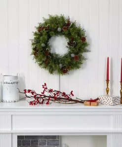 Christmas Greenery Nearly Natural 24 In. Pre-Lit Christmas Artificial Wreath With 50 White Warm Lights 7 Globe Bulbs Berries And Pine Cones -Christmas Tree Decorations Shop nearly natural christmas wreaths 4456 1f 1000