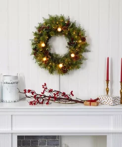 Christmas Greenery Nearly Natural 24 In. Pre-Lit Christmas Artificial Wreath With 50 White Warm Lights 7 Globe Bulbs Berries And Pine Cones -Christmas Tree Decorations Shop nearly natural christmas wreaths 4456 31 1000