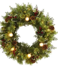 Christmas Greenery Nearly Natural 24 In. Pre-Lit Christmas Artificial Wreath With 50 White Warm Lights 7 Globe Bulbs Berries And Pine Cones