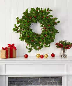 Christmas Greenery Nearly Natural 28 In. Holly Berry Artificial Wreath -Christmas Tree Decorations Shop nearly natural christmas wreaths 4476 31 1000