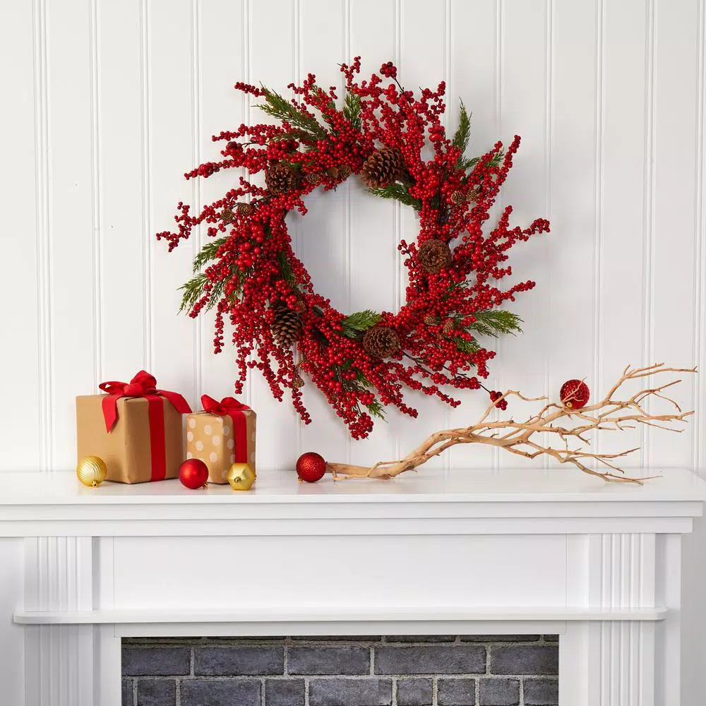 Christmas Greenery Nearly Natural 28 In. Cypress Artificial Wreath With Berries And Pine Cones 3 Christmas Greenery Nearly Natural 28 In. Cypress Artificial Wreath With Berries And Pine Cones - Image 3