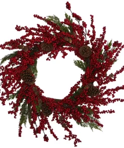 Christmas Greenery Nearly Natural 28 In. Cypress Artificial Wreath With Berries And Pine Cones