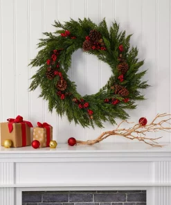 Christmas Greenery Nearly Natural 32 In. Cypress With Berries And Pine Cones Artificial Wreath -Christmas Tree Decorations Shop nearly natural christmas wreaths 4487 31 1000